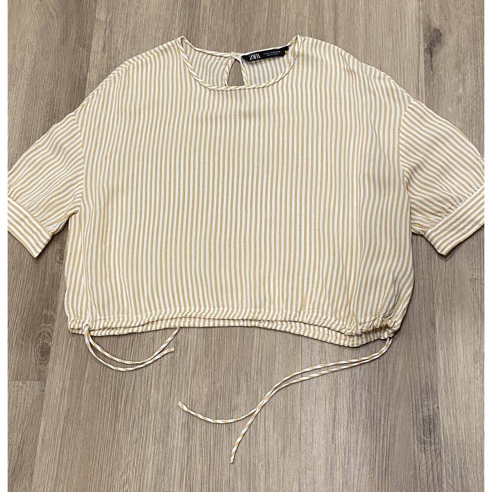 ZARA Yellow White Stripped Side Tie Short Sleeve Crop Top Size M